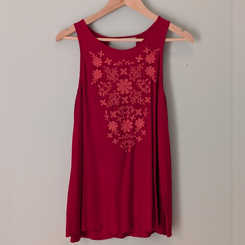 Sleeveless Red Floral Embroidered Top